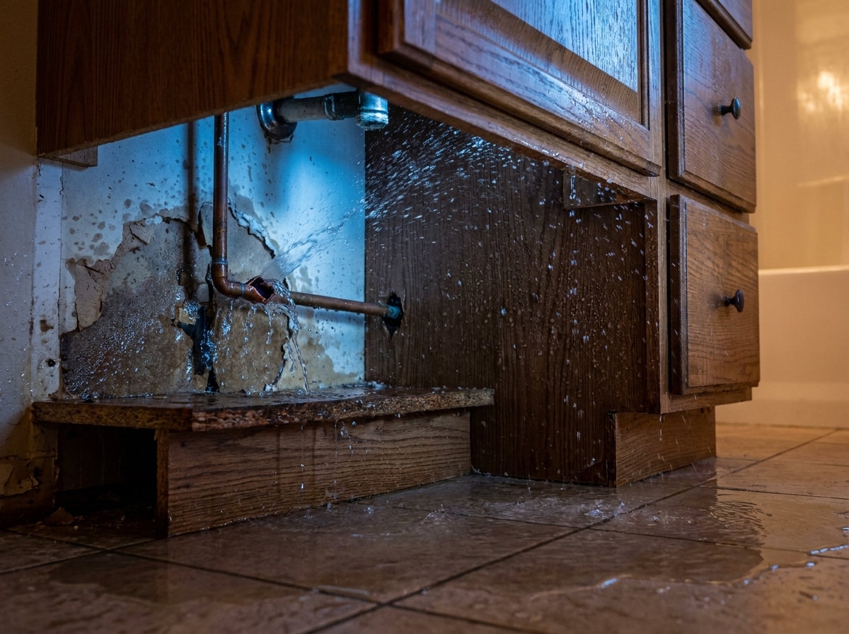 Burst pipe flooding a basement