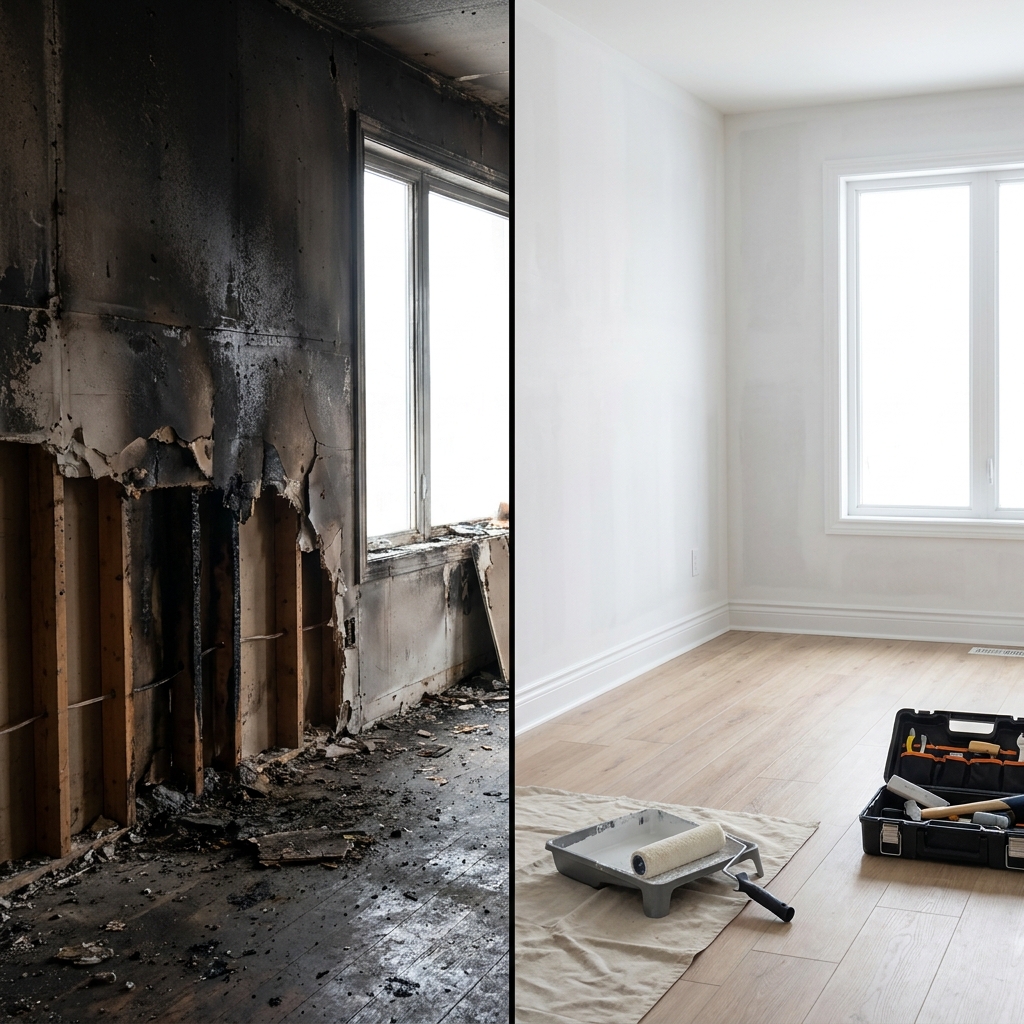 Fire and smoke damage inside a home