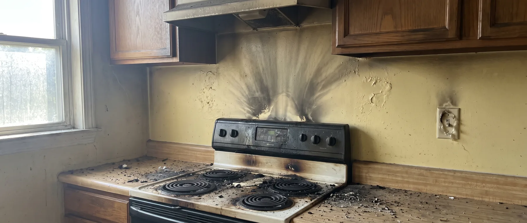 Soot staining and smoke damage above a range after a contained kitchen fire